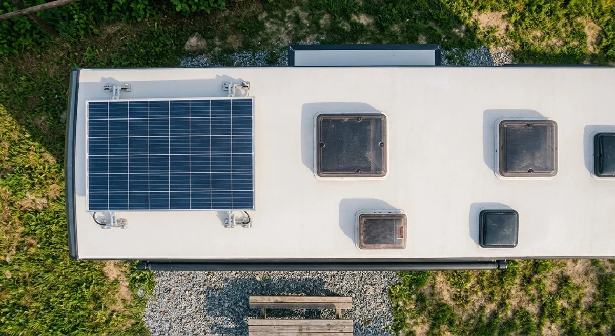 Střecha vleku se solárním panelem, pohled z dronu